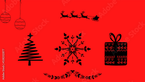 Thema Weihnachten mit Weihnachtsbaum, Schneeflocke und Geschenk 