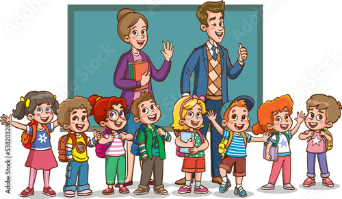 happy cute little kid boy and girl with teacher
