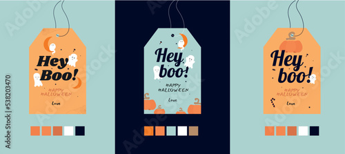 Three tags for halloween. Vector Hey boo! KIDS design