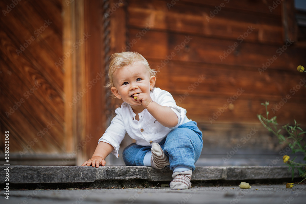 one year old happy blond baby boy in white shirt sitting outside on the ground infront of a rustic wooden hut and holding a yellow marguerite flower to send love and happiness one year old happy blond baby boy in white shirt sitting outside on the ground infront of a rustic wooden hut and holding a yellow marguerite flower to send love and happiness