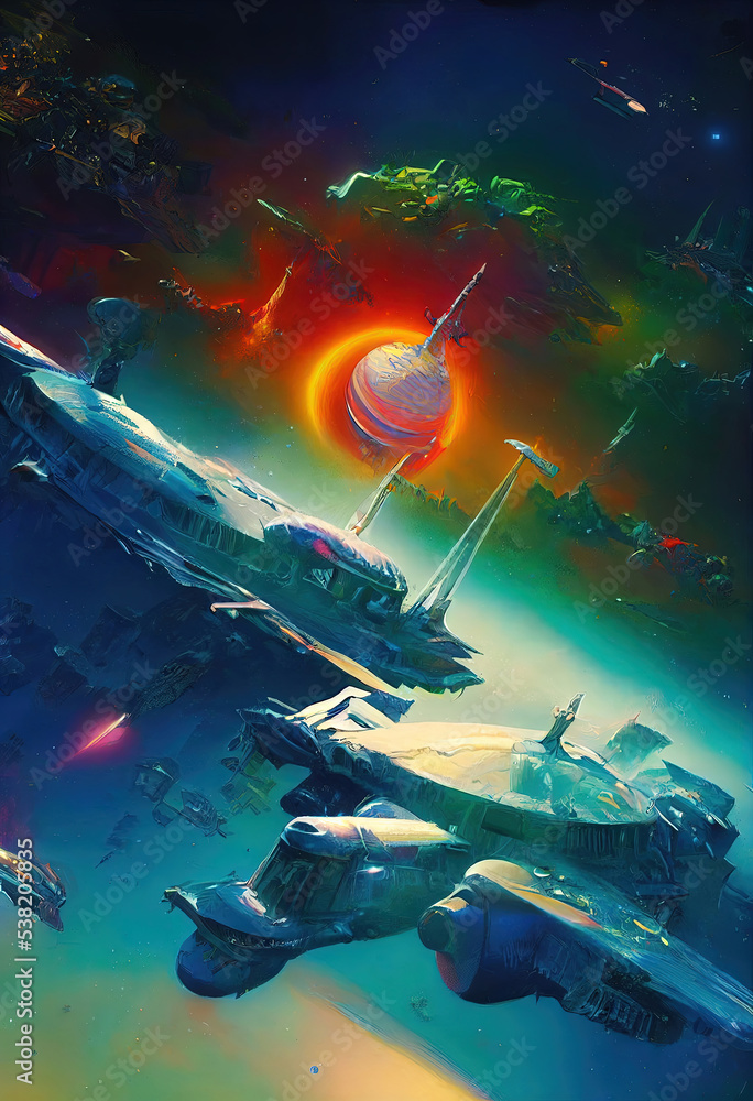 Fototapeta premium Colorful sci-fi spaceships in a futuristic world