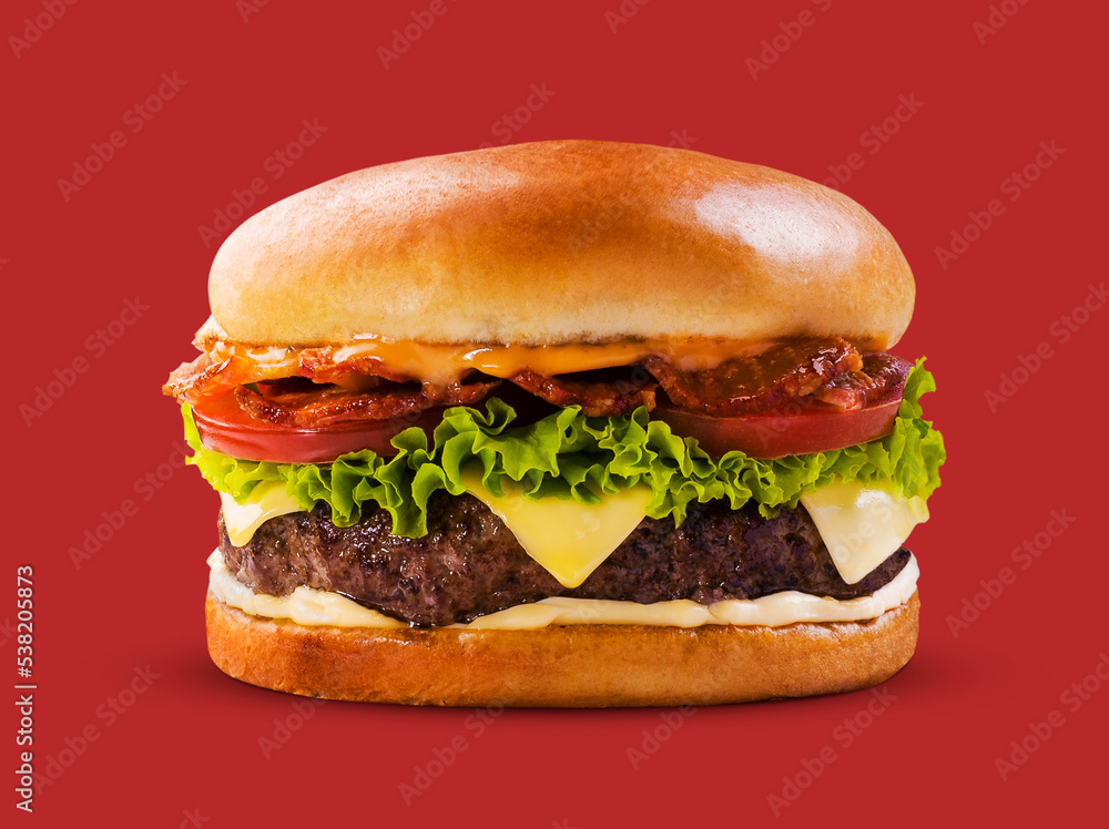 fresh tasty burger isolated on red background fresh tasty burger isolated on red background