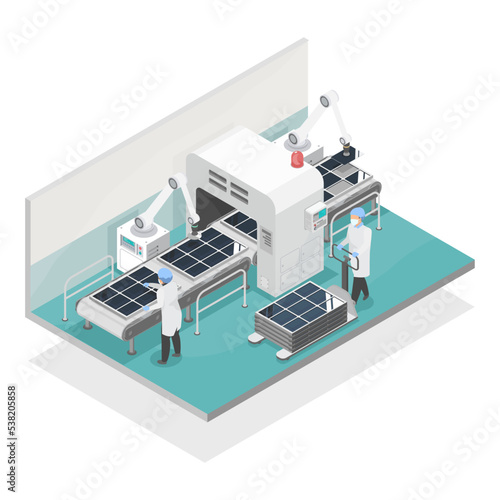 solar cell production line smart factory conveyor robot arm ai technology isometric