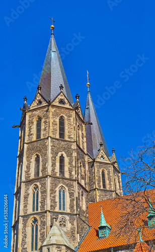 Stone bell towers of St Bartholomew Church, Kolin, Czech Republic photo