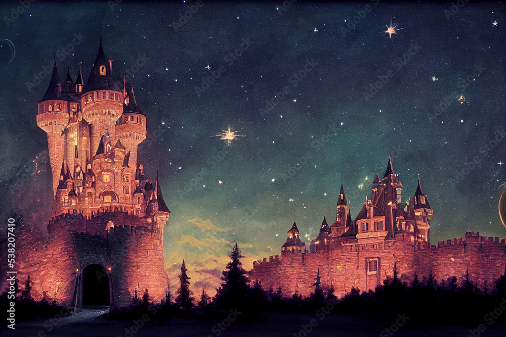 Fairy-tale castle on the background of the night starry sky