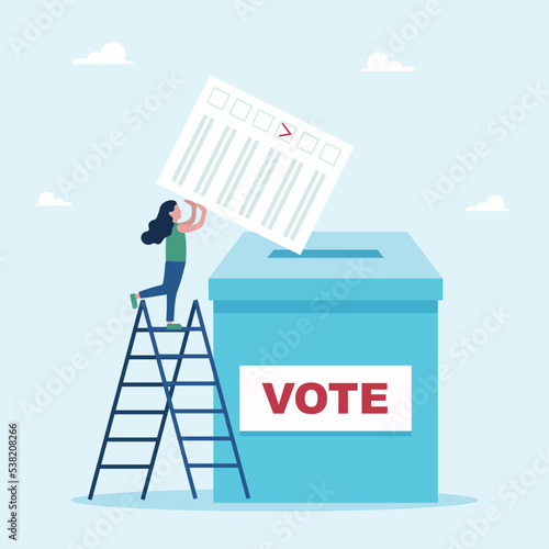 A woman with a voting card, puts her vote into the ballot box. Little people, voters. Election concept.