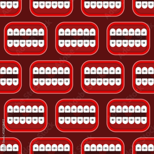 Mouth with braces Pattern seamless. correction of occlusion and crooked teeth. Vector Background