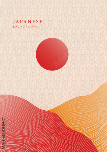 Japanese poster background with line wave pattern vector. Abstract template with geometric pattern. Mountain layout design in oriental style.