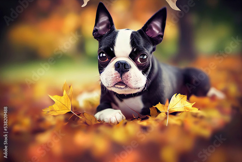 boston terrier laying in a pile of leaves