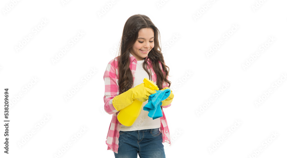 Happy girl spraying spray bottle on cleaning cloth in yellow gloves isolated on white, cleaning Happy girl spraying spray bottle on cleaning cloth in yellow gloves isolated on white, cleaning