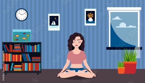 The girl does yoga at home. A young woman meditates with her eyes closed. The lotus position. Vector.
