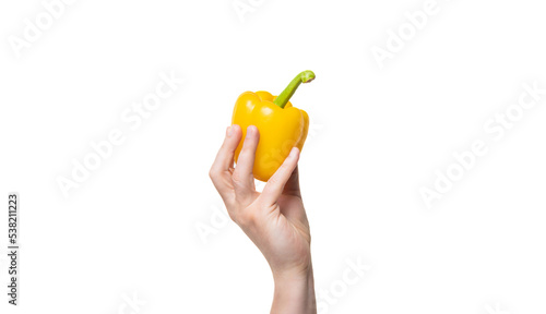 sweet pepper vegetable in hand isolated on white background. vitamin