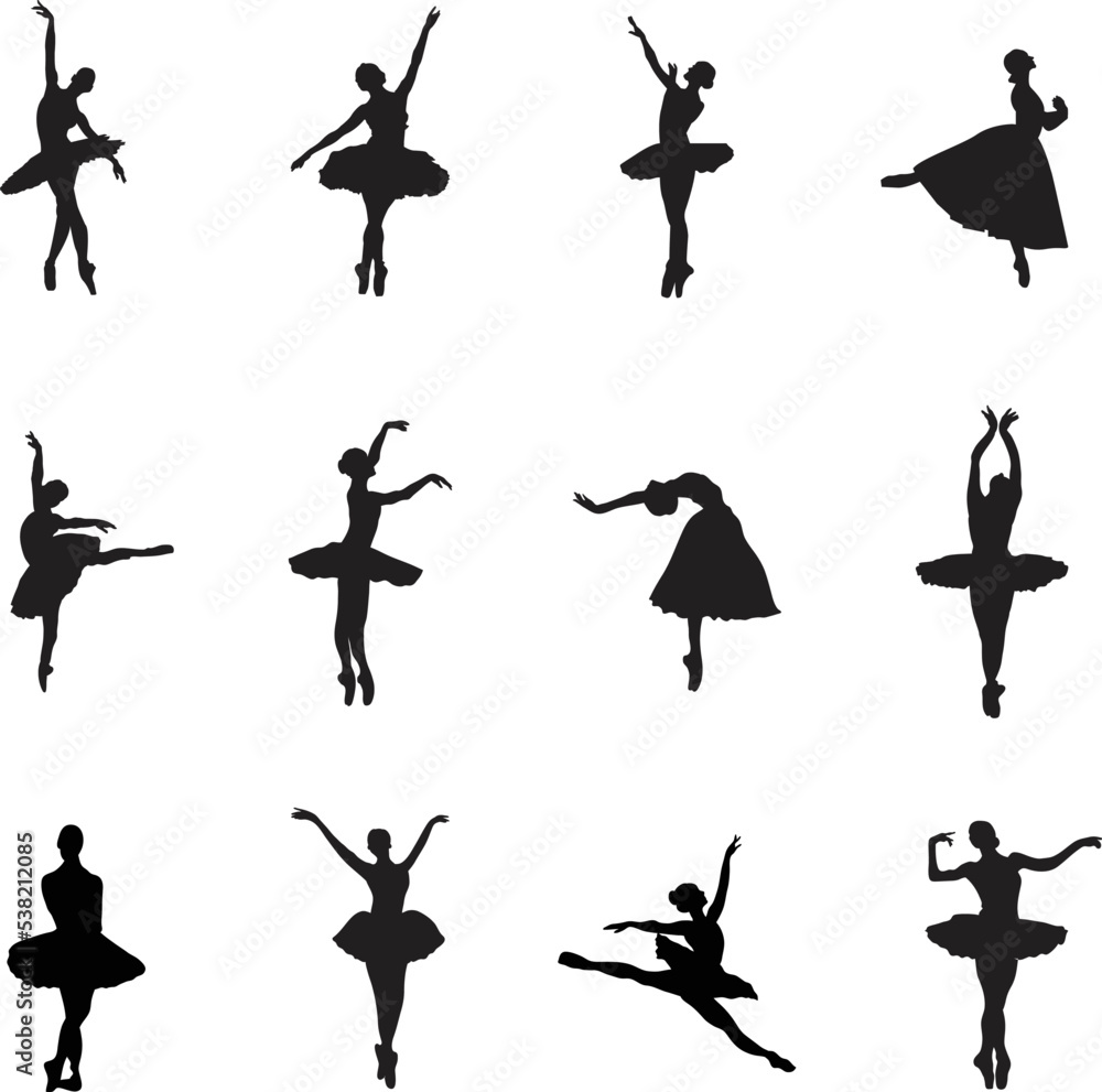 A vector collection of Ballet dancer silhouettes for artwork compositions. A vector collection of Ballet dancer silhouettes for artwork compositions.