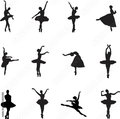 A vector collection of Ballet dancer silhouettes for artwork compositions.