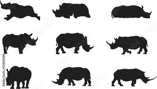 A vector silhouette collection of Rhinos for artwork compositions.
