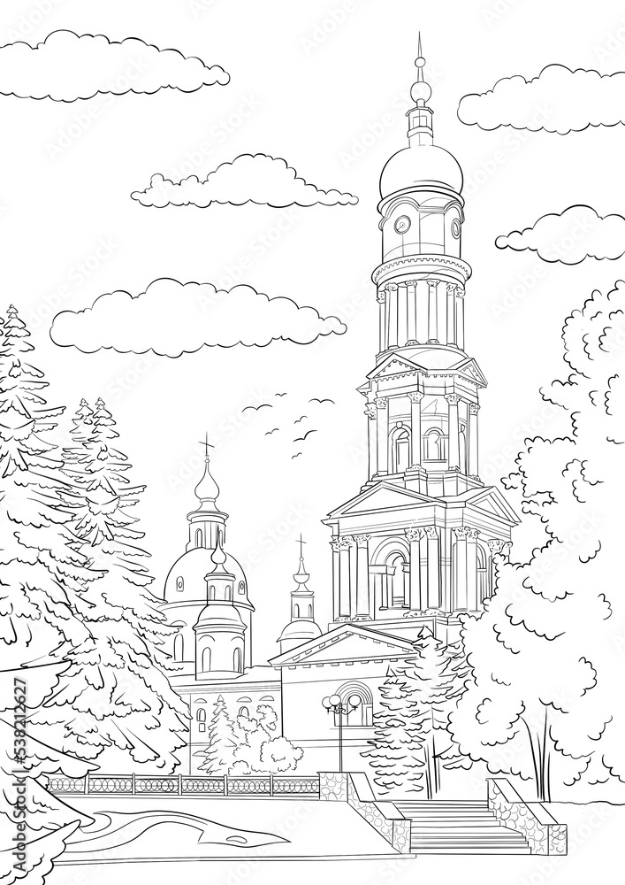 illustration of church, coloring page