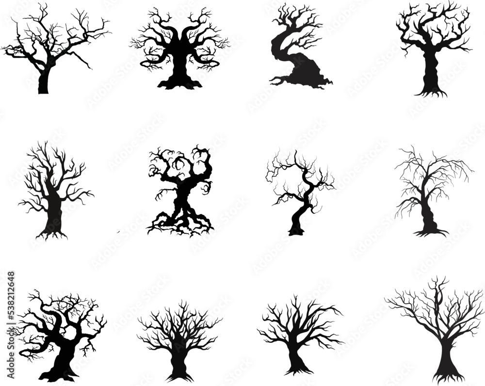 A vector collection of spooky halloween trees for artwork compositions.