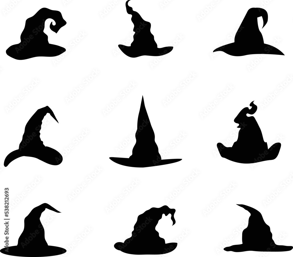 A vector collection of witch hats trees for artwork compositions. A vector collection of witch hats trees for artwork compositions.