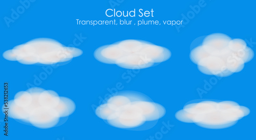Cloud set. Transparent blur, plume, vapor. Nature chubby long splayed. Cartoon altocumulus, cumulus realistic, collection. Summer, spring blue sky background. Illustration vector