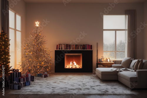 Wohnzimmer im Winter mit Kamin, Christbaum, Geschenken und Dekoration an Weihnachten, Illustration