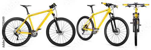 Fotografia set collection of yellow black 29er mountainbike with thick offroad tyres
