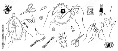 A set of sketches of accessories for needlework, embroidery, female hands embroider.Vector graphics.