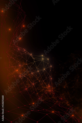 Plexus lines, dots and light beams with light points. Abstract technology, science and engineering background. Depth of field settings. 3D rendering
