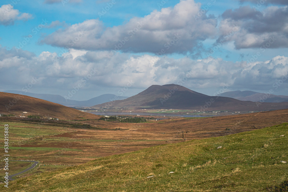 Cliffs and mountain on irish coast, county Mayo, Irish nature landscape.