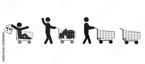 happy customer icon, supermarket man and cart, shopping basket, flat design style
