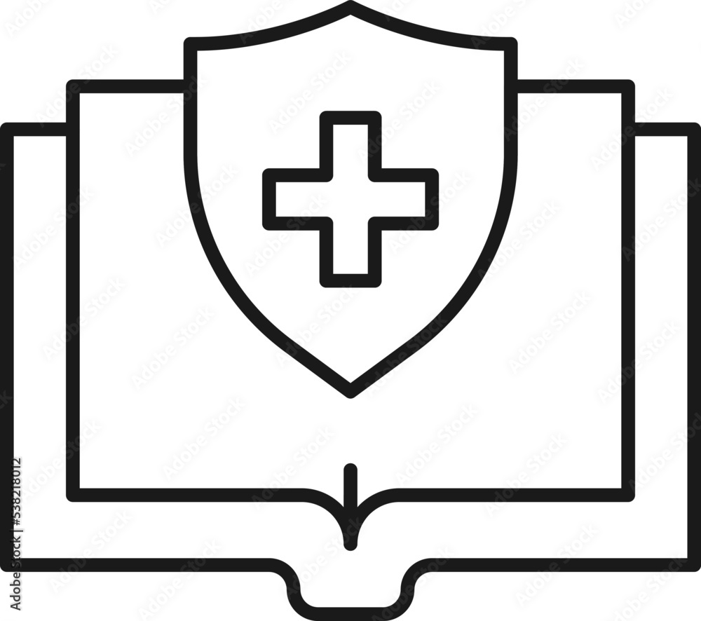 Fototapeta premium Book, reading, novel, education. Simple isolated pictogram for web sites, stores, articles, adverts. Editable stroke. Vector line icon of medical cross inside of shield over opened book