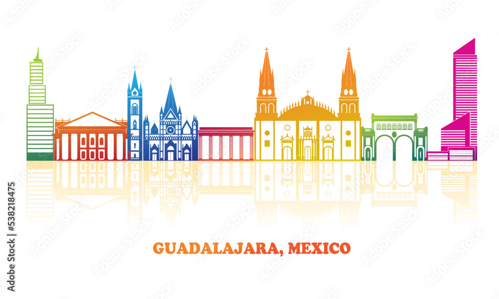 Colourfull Skyline panorama of city of Guadalajara, Mexico - vector illustration