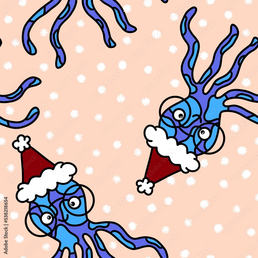 Obraz premium Winter animals seamless cartoon octopus Christmas pattern for Noel wrapping paper and fabrics and linens