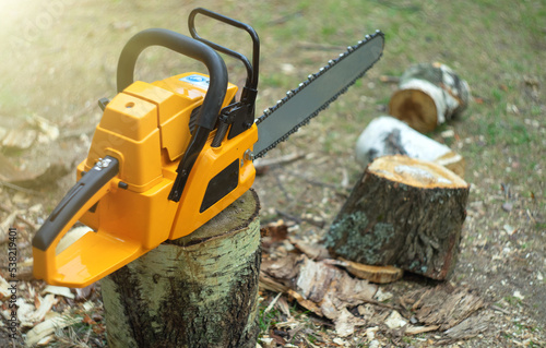 An orange chainsaw. To cut wood for heating the stove.Chain gasoline saw on wood.Sharpening of saw teeth.A lumberjack\'s tool.