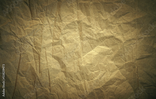 Photo of the texture of crumpled brown tap paper with a black vignette around the edges. Vintage sheet of paper for text. An empty old form for the announcement.