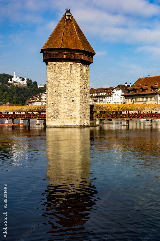 view of the city from the wooden bridge in Lucerne Switzerland 