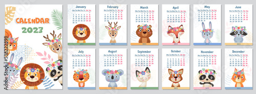 Stylish 2023 Yearly Calendar design with wild animals on white
