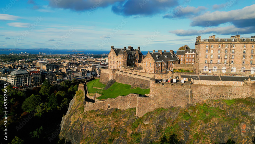 Aerial view over Edinburgh Castle on Castle Hill - travel photography