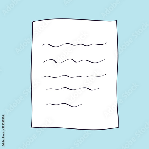 White paper sheet, page of diary, note paper with message, letter, document or notebook cartoon vector doodle illustration.