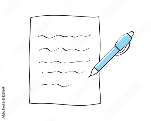 Paper sheet, page of diary, note paper with message, letter, document or notebook with pen isolated vector illustration.