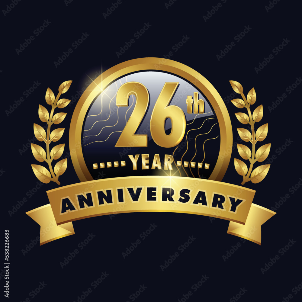 26th anniversary golden logo twenty six Years Badge with number 26 26th anniversary golden logo twenty six Years Badge with number 26