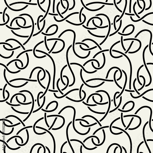 Seamless pattern with weaved knots. Monochrome abstract background. Vector hand-drawn labyrinth.