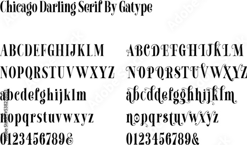 Elegant serif font alphabet typeface font number and ampersand. Typography type design trend luxury classic lettering fonts decorative vintage retro font.