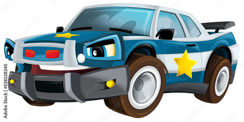 Cartoon smiling police on white background car isolated illustration