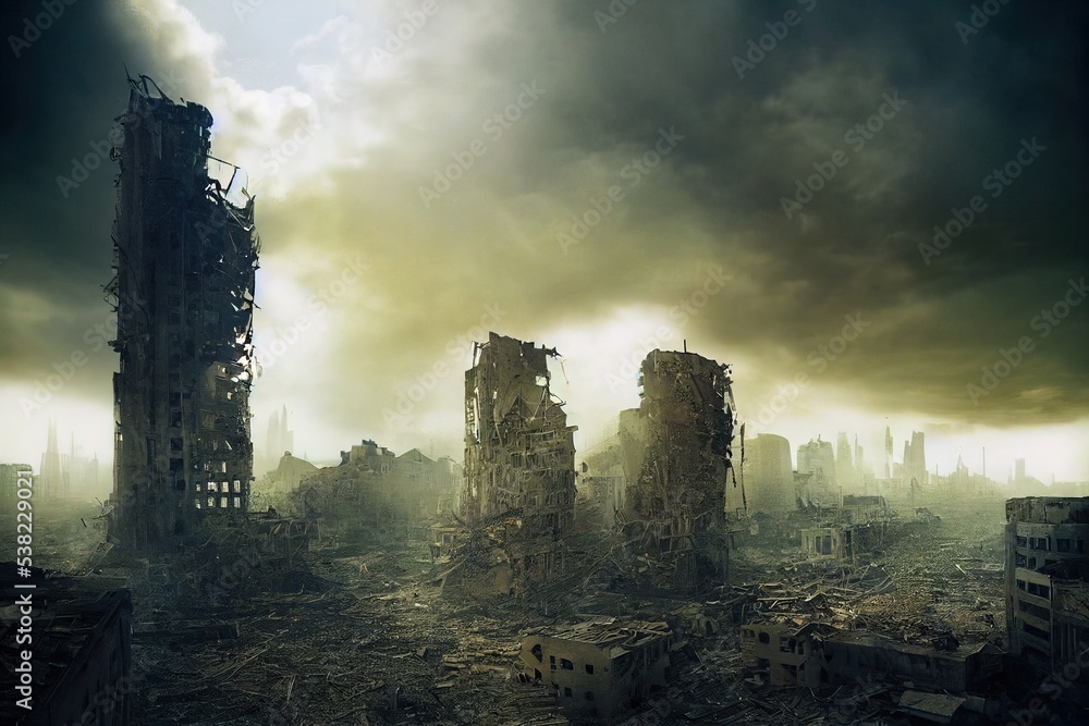 A post-apocalyptic ruined city. Destroyed buildings, destroyed roads ...