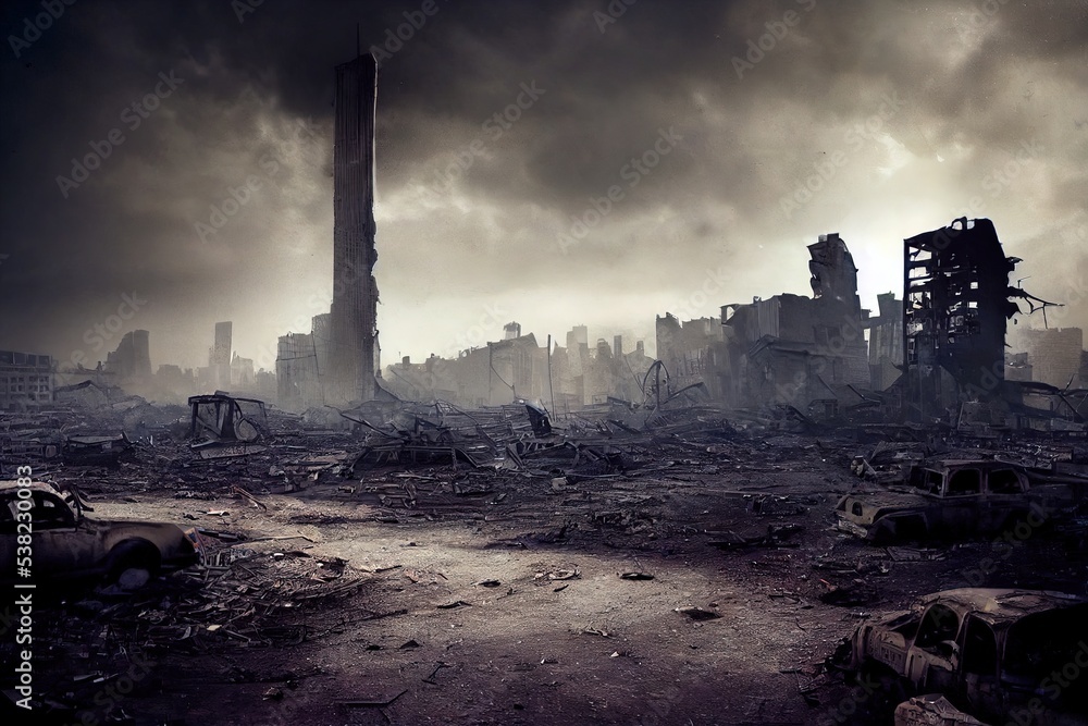 A post-apocalyptic ruined city. Destroyed buildings, destroyed roads ...