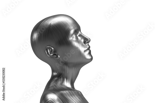 3d illustration of a female bald silver head on a white background. Metal mannequin.
