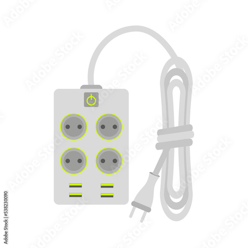 Power surge protector extension cord white flat. Multifunction electronic gadget assistant plug type c usb socket switch button multiplication multiple device simultaneously in same place isolated
