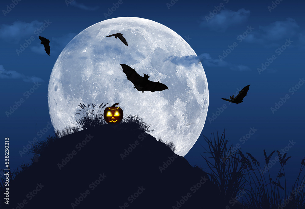A glowing jack o lantern is seen on top of hill at night with bats ...