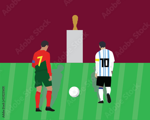 A vector of two greatest player in football playing for their last tournament with silhouette gold cup insight.