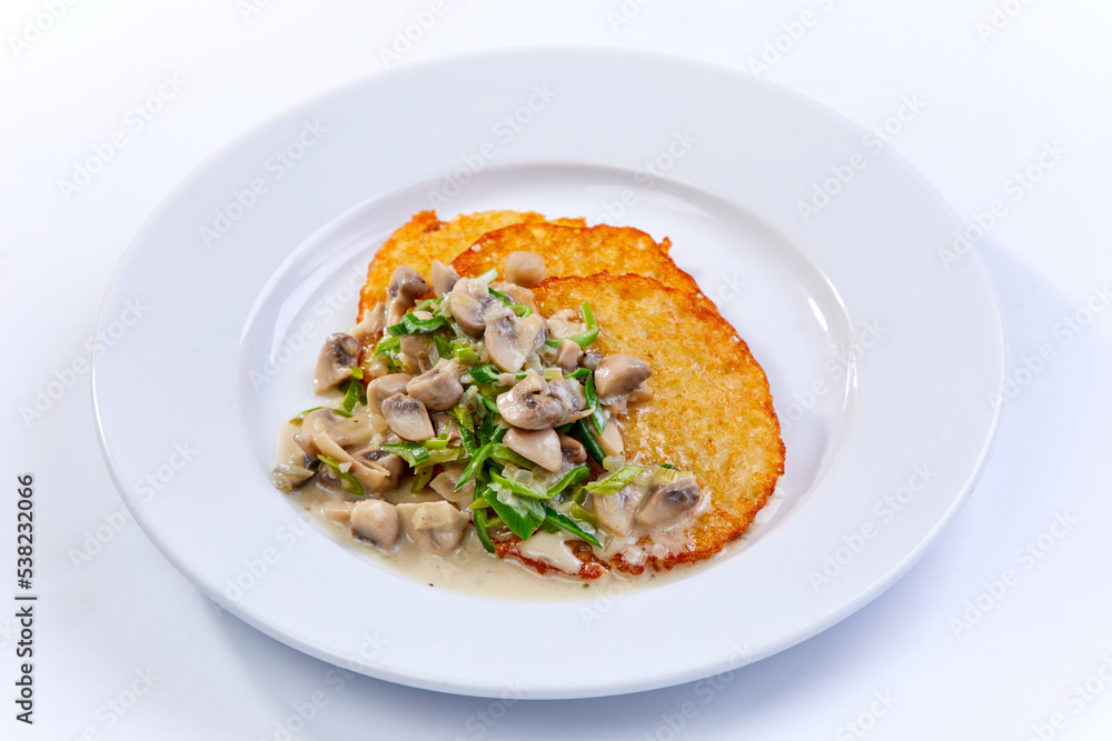 potato pancakes with mushrooms and herbs